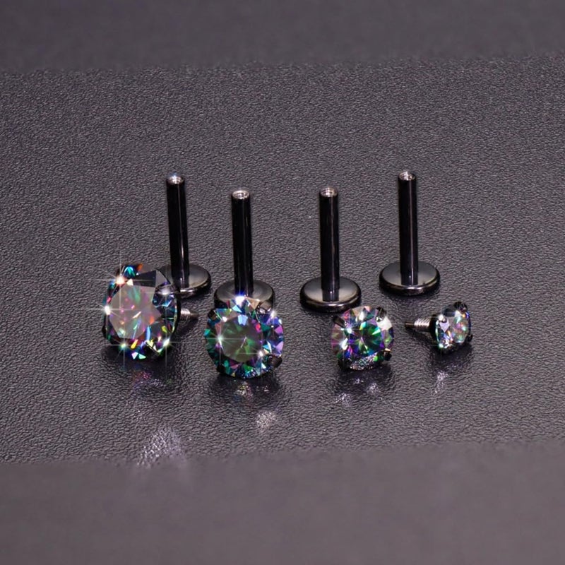 Kiethleasa Store قرط مويسانيت 16G 18G لون D نقاء VVS1، أقراط مسطحة ذات خيوط داخلية من التيتانيوم G23، مجوهرات ثقب فضية سوداء لثقب التراجي، الحلزون، والغضروف، لؤلؤة أنف مضادة للحساسية للنساء والرجال 1PCS - Image 4